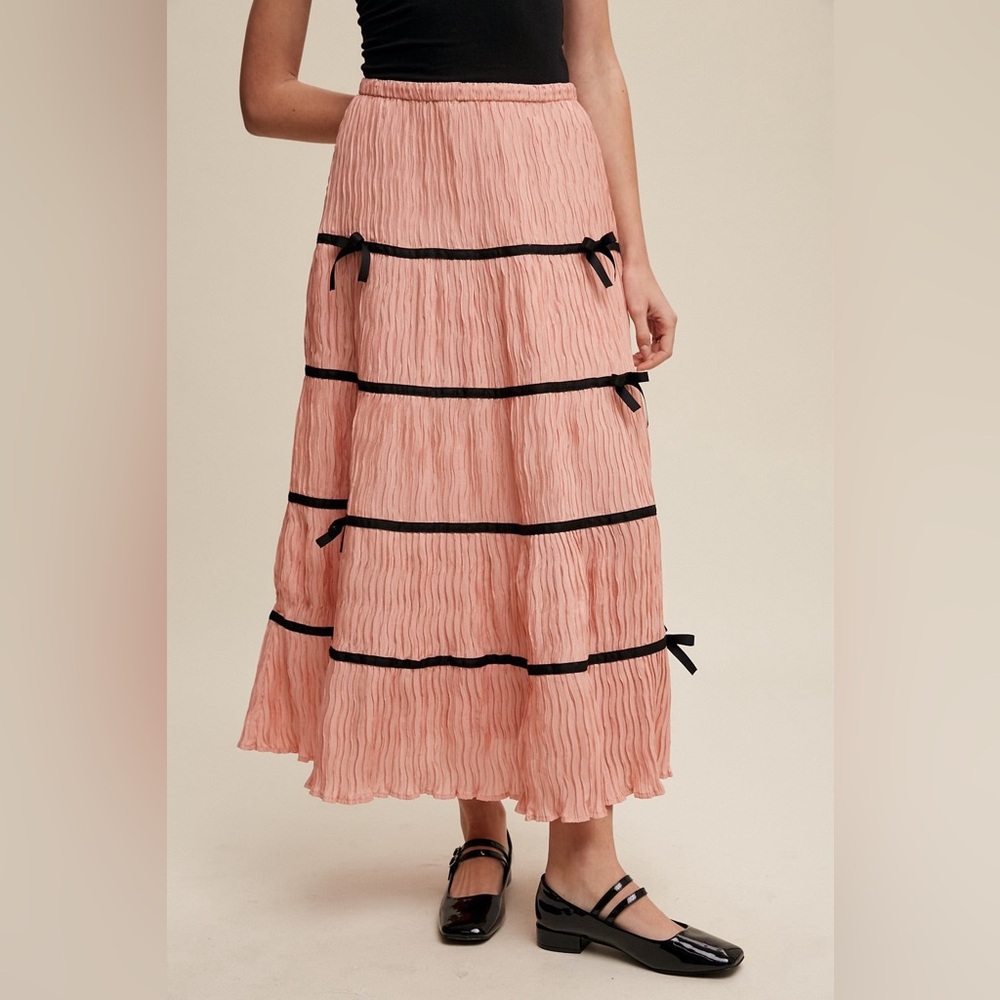 Plisse Bow Contrast Trim Maxi Skirt - Listicle - Picture 2 of 6